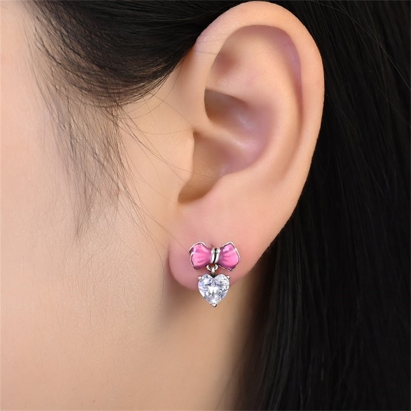 PANDACH 925 Sterling Silver Tiny Sweet Heart Bow Stud Earrings For Women Girls