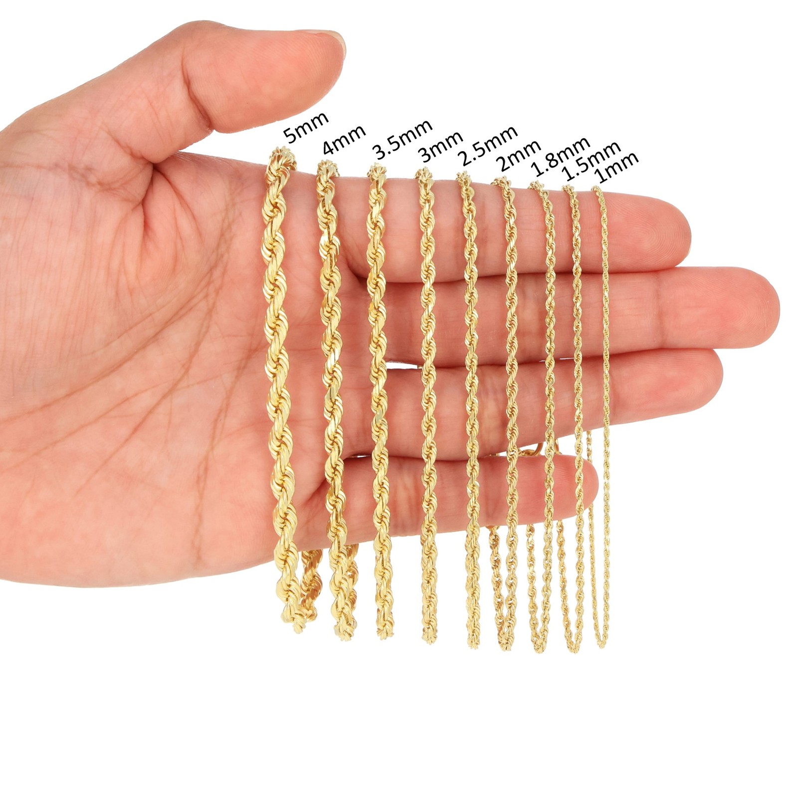 18K Yellow Gold Solid 2mm-6mm Rope Diamond Cut Chain Italian Necklace 16″- 30″