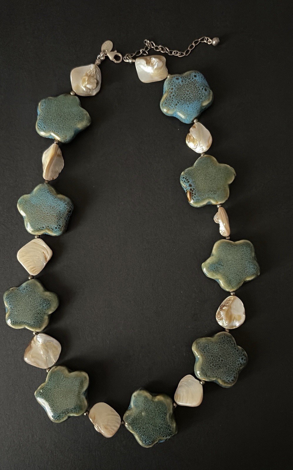 Vintage Donna Dressler Signed 23.5″ Teal Star Necklace – Mother of Pearl 925
