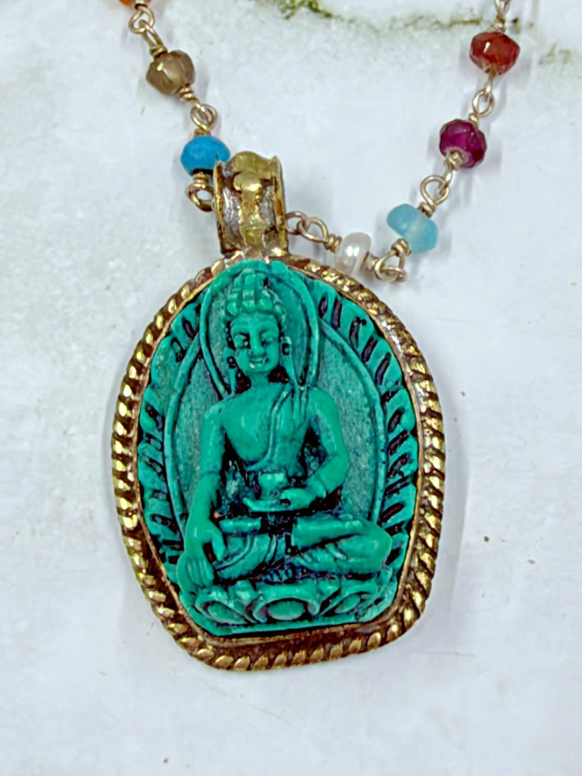 Silver Necklace Crystals on Chain Handcrafted Inlaid Turquoise Shakyamuni 3D