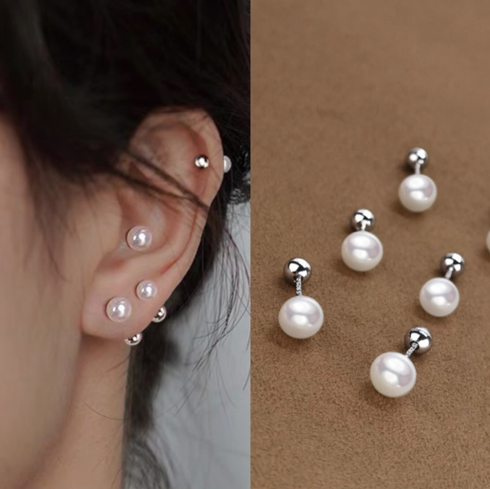 Womens Girls Surgical Steel Silver Round White Pearl Stud Earrings Screw Back