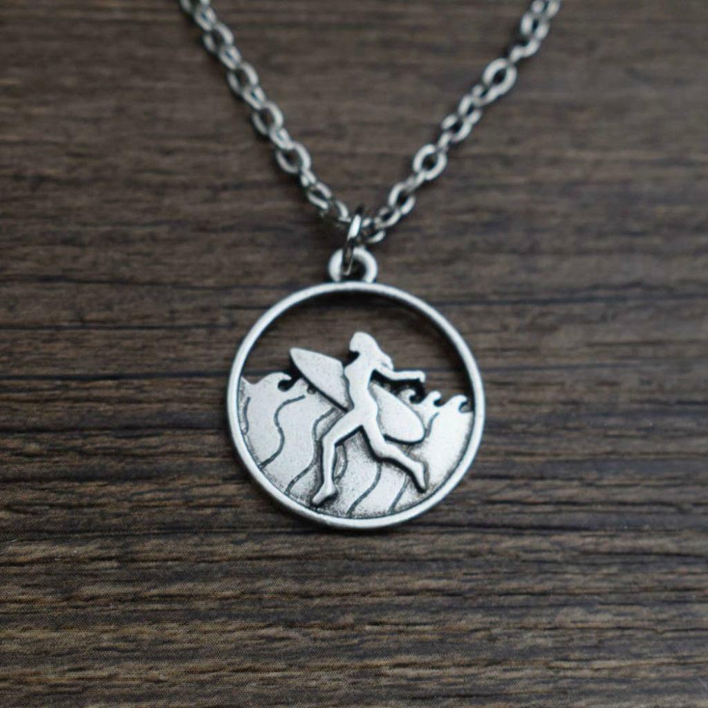 SURFER GIRL NECKLACE 22″ Chain Outdoor Adventure Pendant Surfing Surf Beach