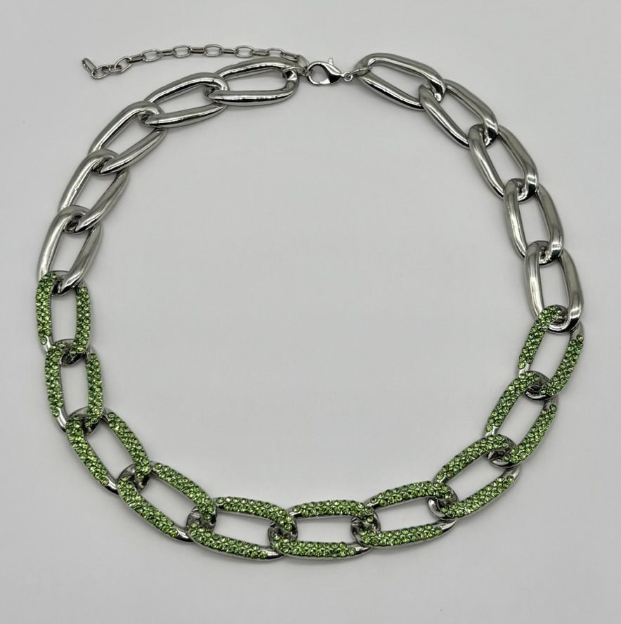 Curb Link and Green Pave Crystal Silver-Tone Collar Necklace Adjustable Unsigned