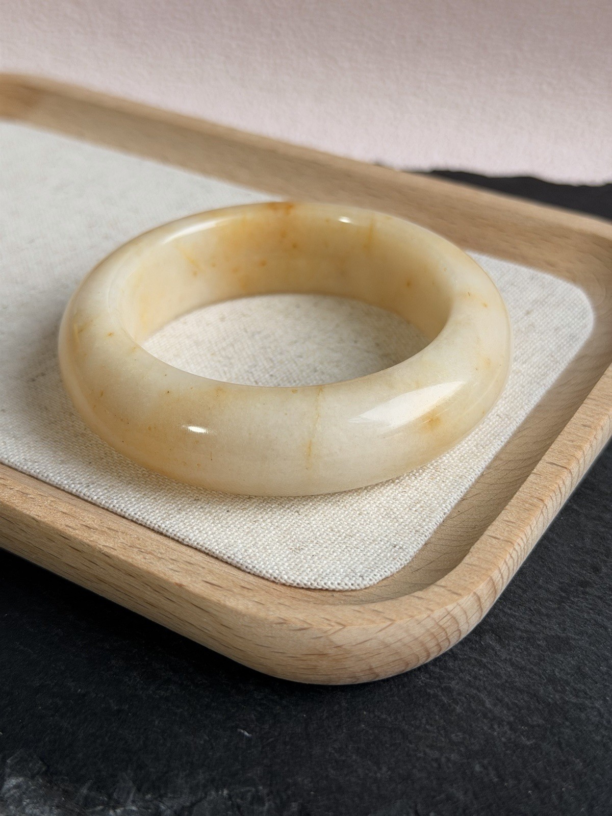 Natural Shoushan Jade Bangle 53.8mm Cream Ivory Jade with Honey Gold Inclusions