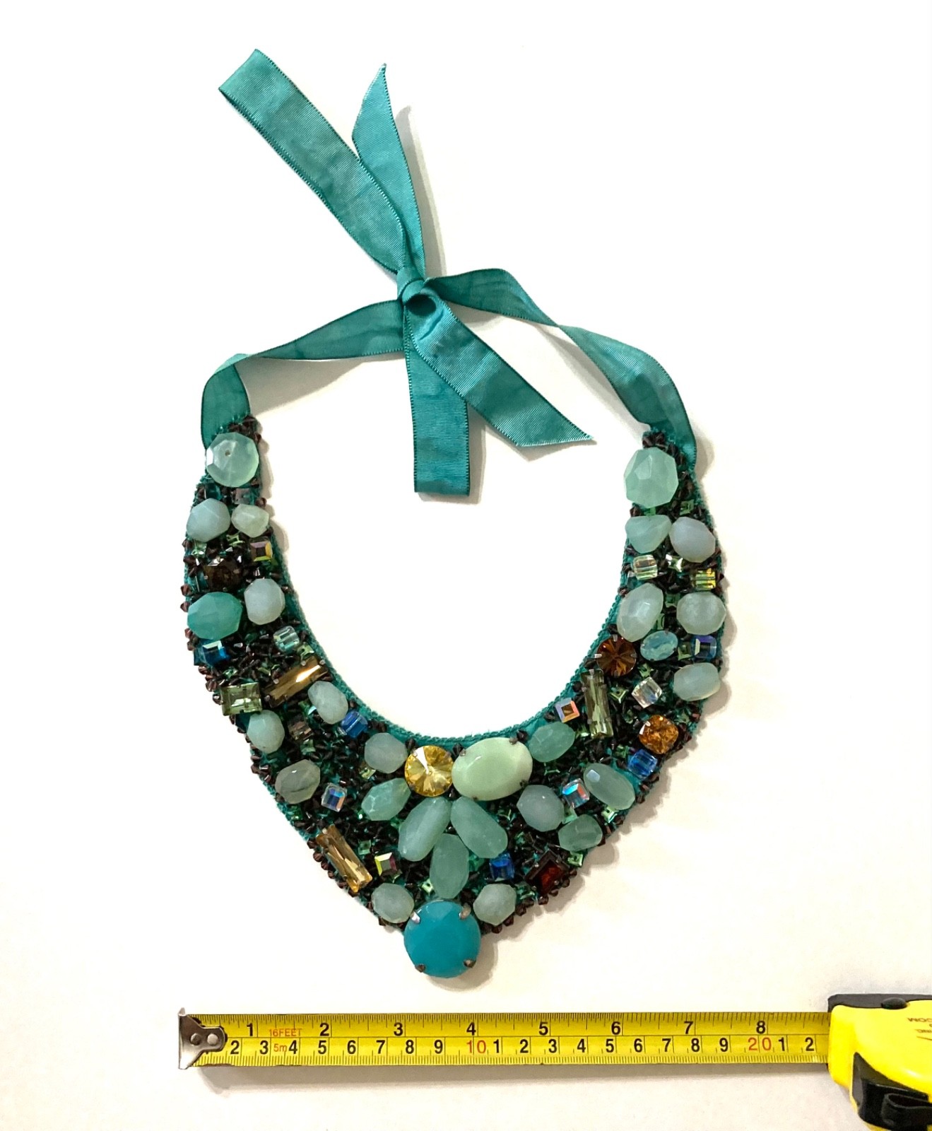 Designer Roberta Freymann Ribbon Bib Statement Necklace Gems Beads Stones