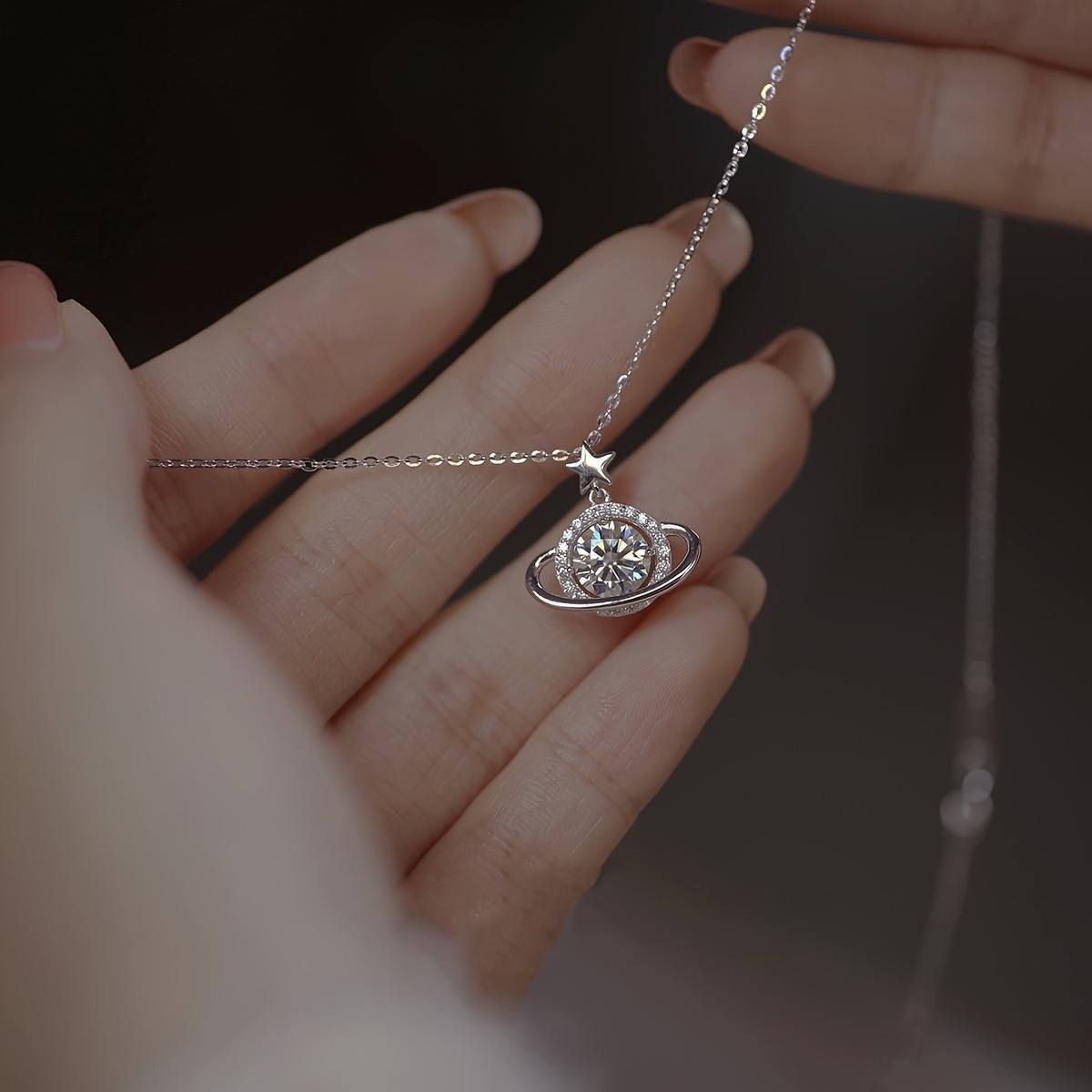 Saturn Planet Cubic Zirconia Pendant Necklace Star Celestial Dainty Gift