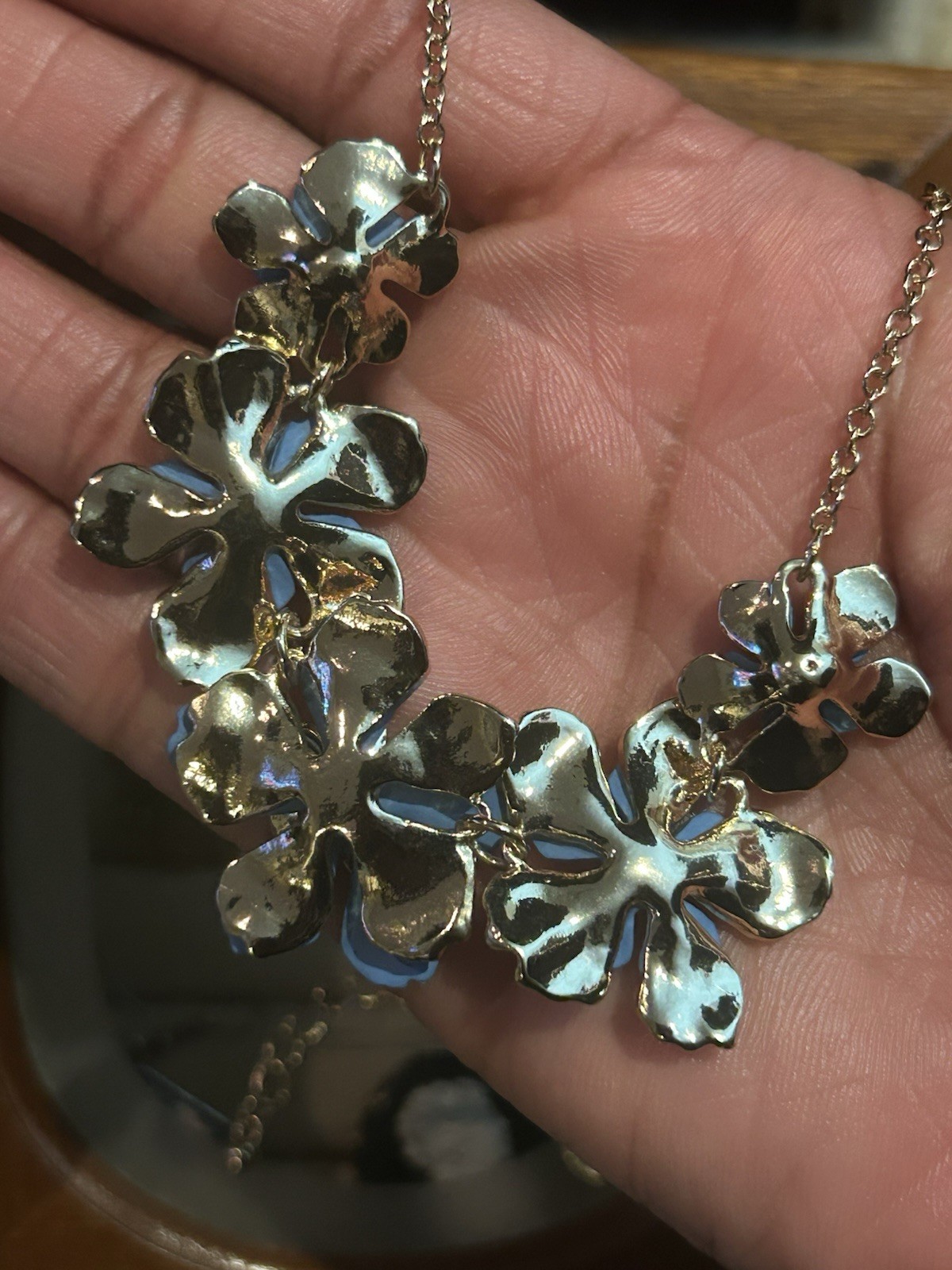 Chico’s Matte Baby Blue Enamel Floral Bib Necklace Statement Collar Gold Tone