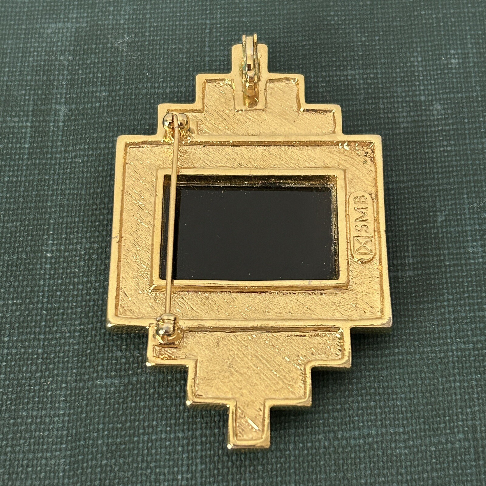 VTG 1980’s SMB Sandra Miller Burrows Brooch & Slide Pendant Gold Tone Blk Glass