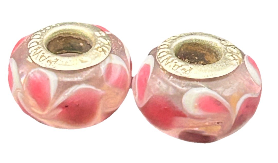 2 Pandora 925 Silver Pink Floral Petals Murano Glass Bead Charms Clear, White