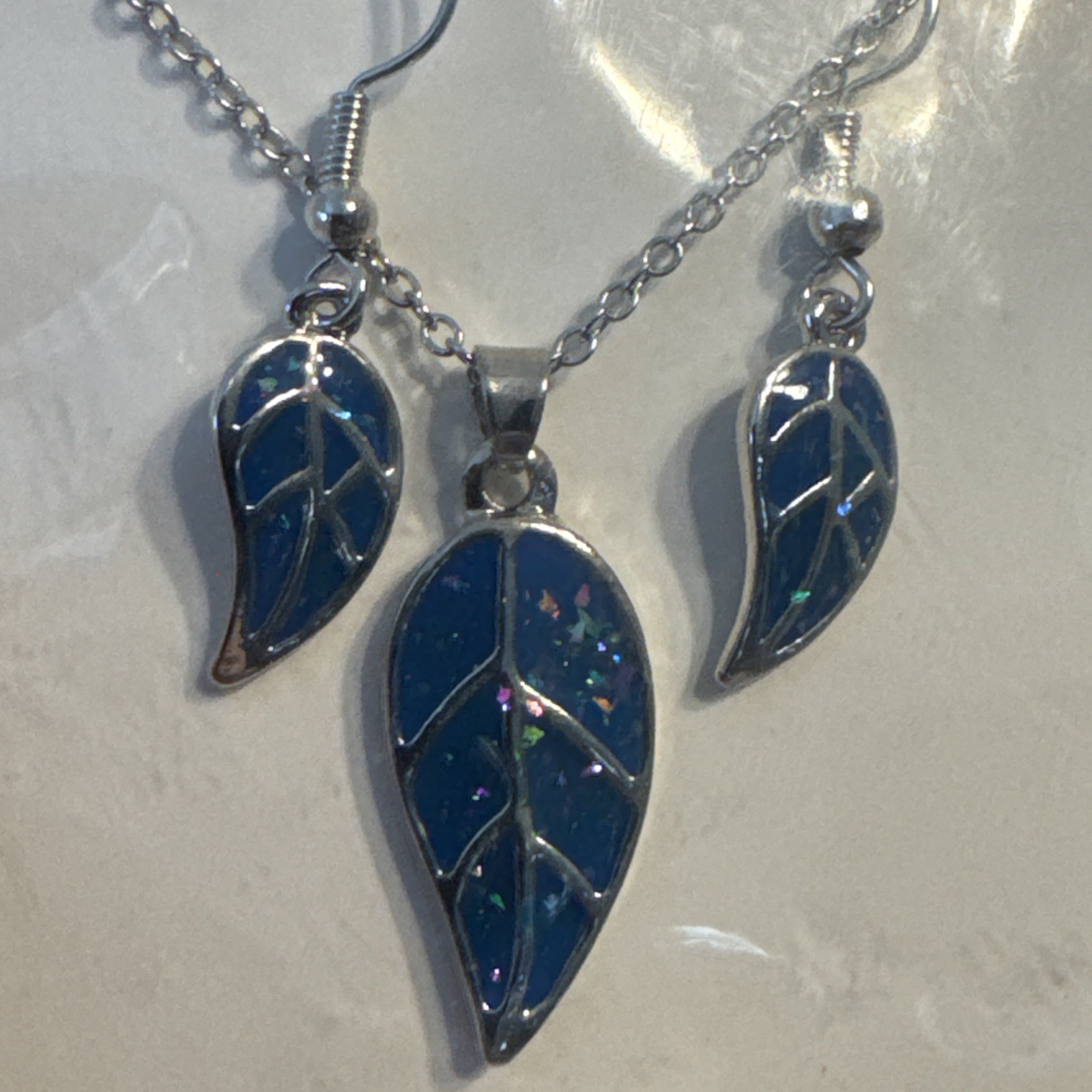 Necklace & Earrings Set Blue Synthetic Opal Leaf Shaped With Silver Chain