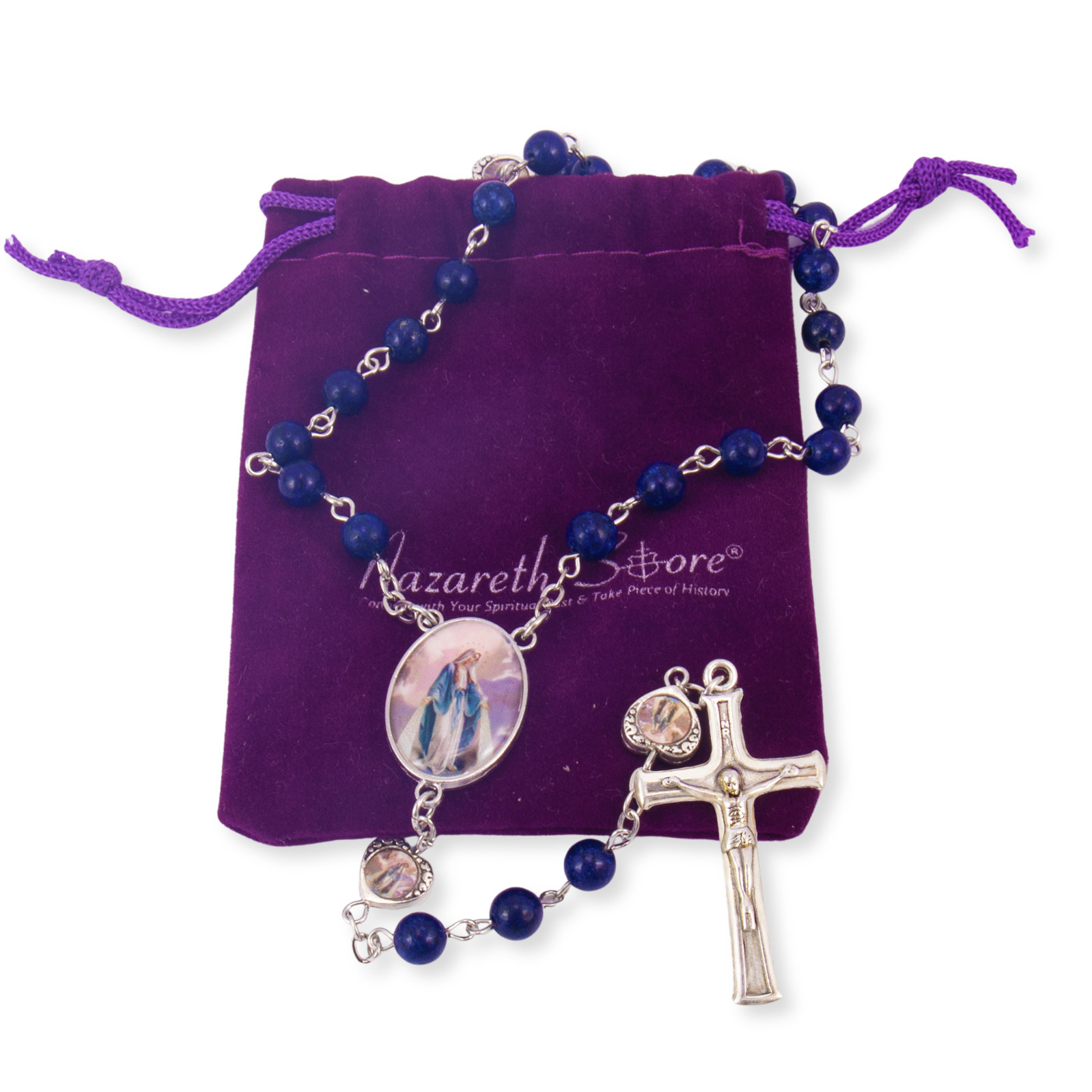 Lapis Lazuli Blue Beads Miraculous Rosary Necklace Epoxy Medal & Jesus Cross