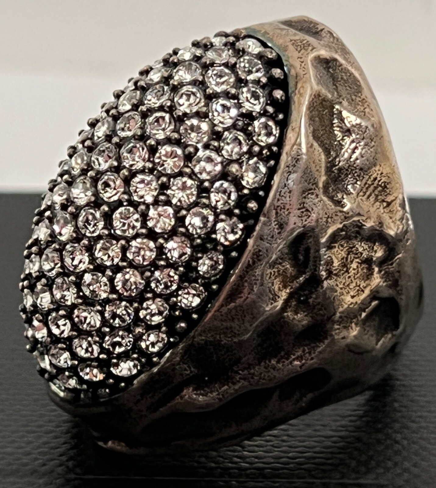 NIB Saint Laurent YSL Crystal Egg Molten Silver Brass Dome Cocktail Ring 7 $895