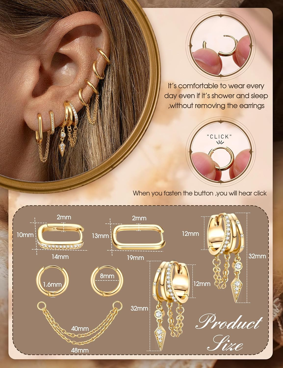 Hypoallergenic Earring Stacks – Non Tarnish 14K Gold Plated Surgical Steel Earri