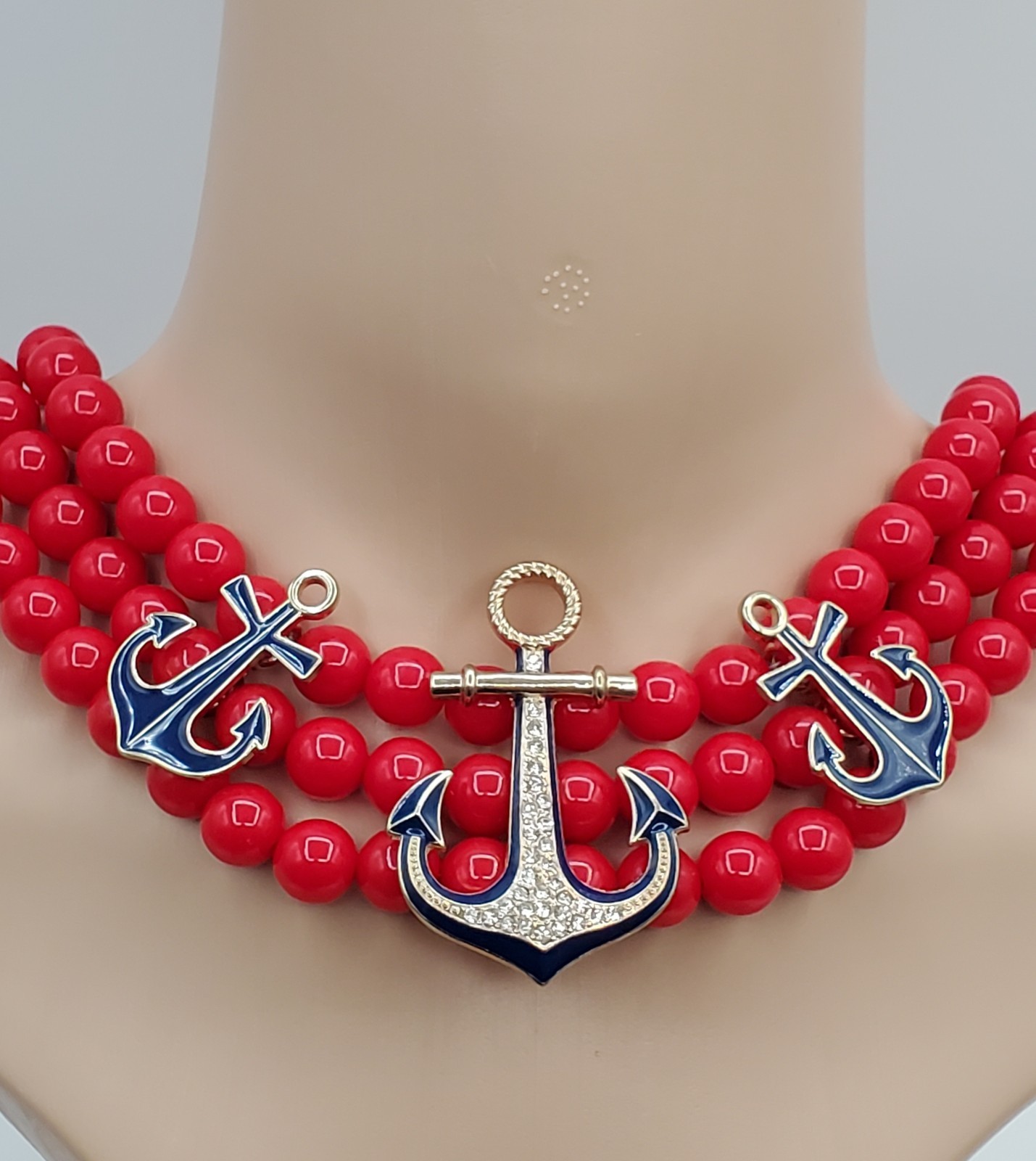 CC Nautical Set Necklace 19in Red Bead Triple Strand Blue Anchor 2 Sailboat Pins