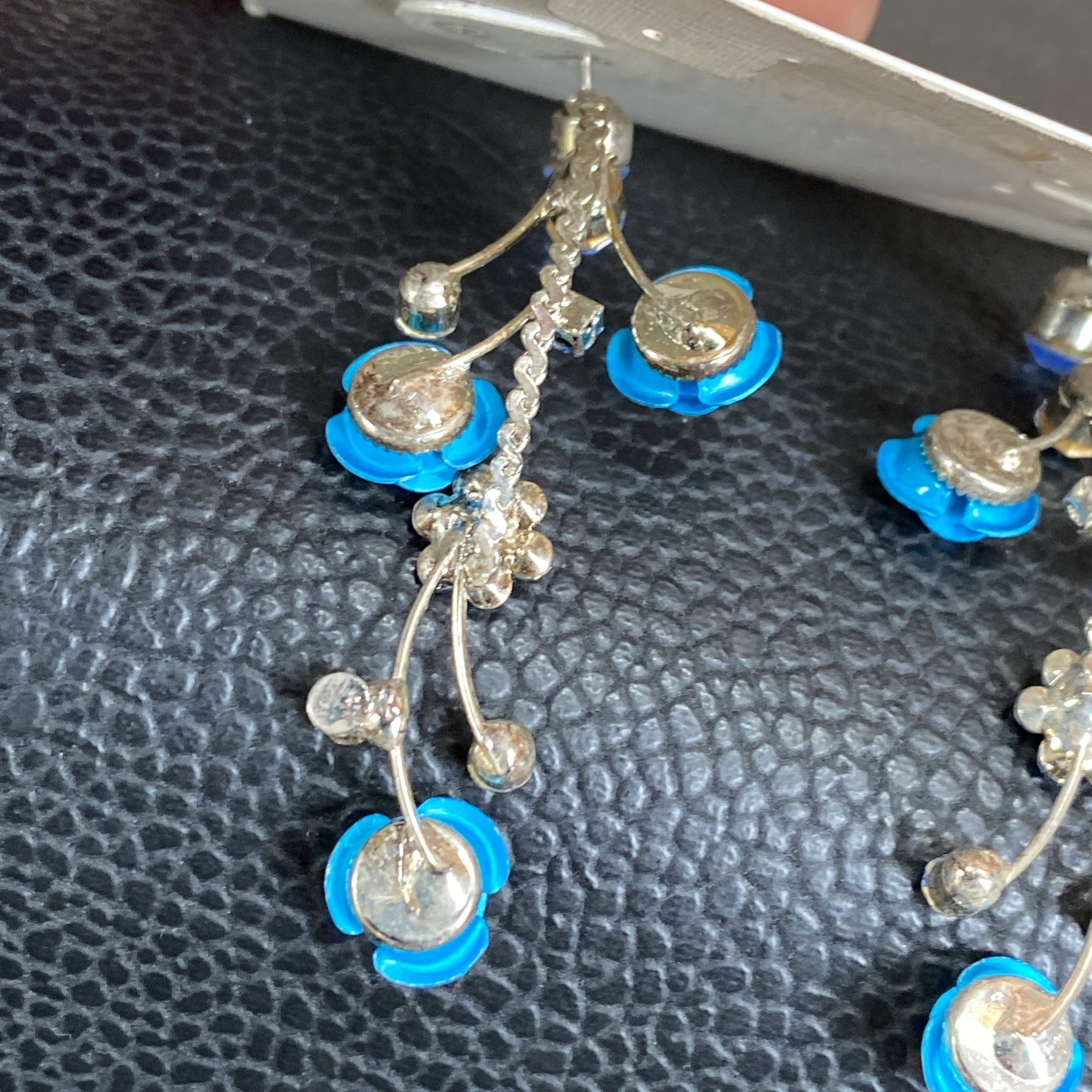 Faceted Blue Rhinestone Retro Aluminum Rose Dangle Silvertone Flower Earrings
