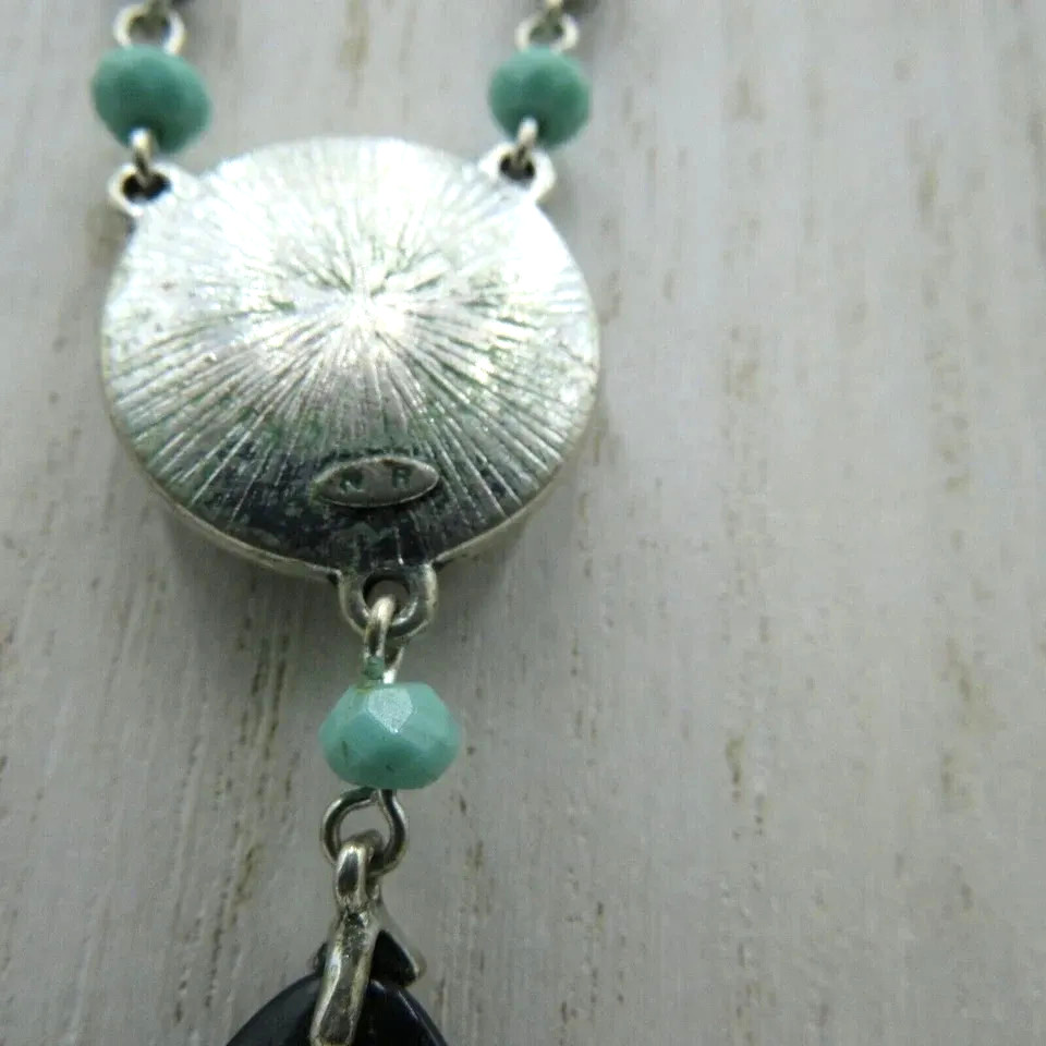 Nina Ricci Signed Pendant Necklace Silver Tone Turquoise Bead Teardrop Filigree