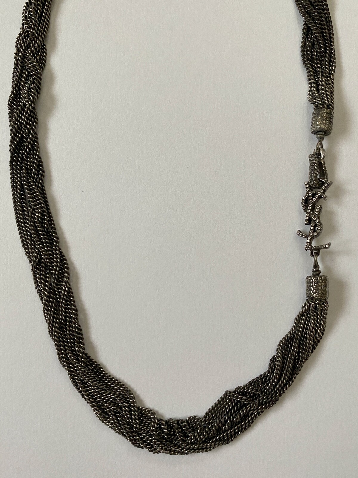New Saint Laurent LouLou YSL Monogram Logo Silver Chain Choker Necklace $595