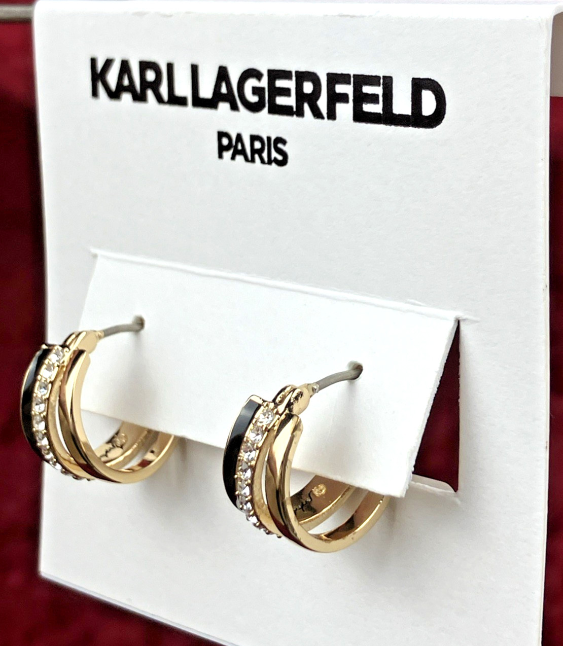 Karl Lagerfeld Gold Tone Ex Small Pave Jet Split Hoop Earrings NWT