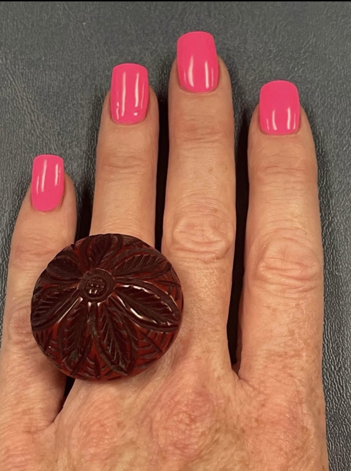 Hotcakes Design Signed Red Carved Floral Dome Cocktail Ring Resin Plastic Sz 7