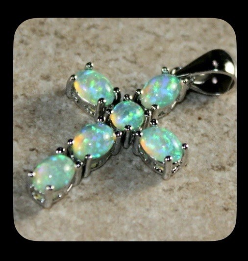 Dazzling Green Fire Opal Cross Necklace & 6mm Stud Earrings Set