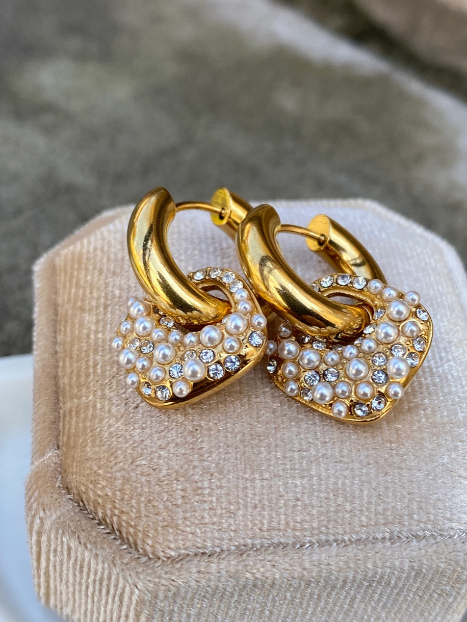 Gold Plated Stainless Steel CZ Pearl Dangle Drop Sparkle Earrings