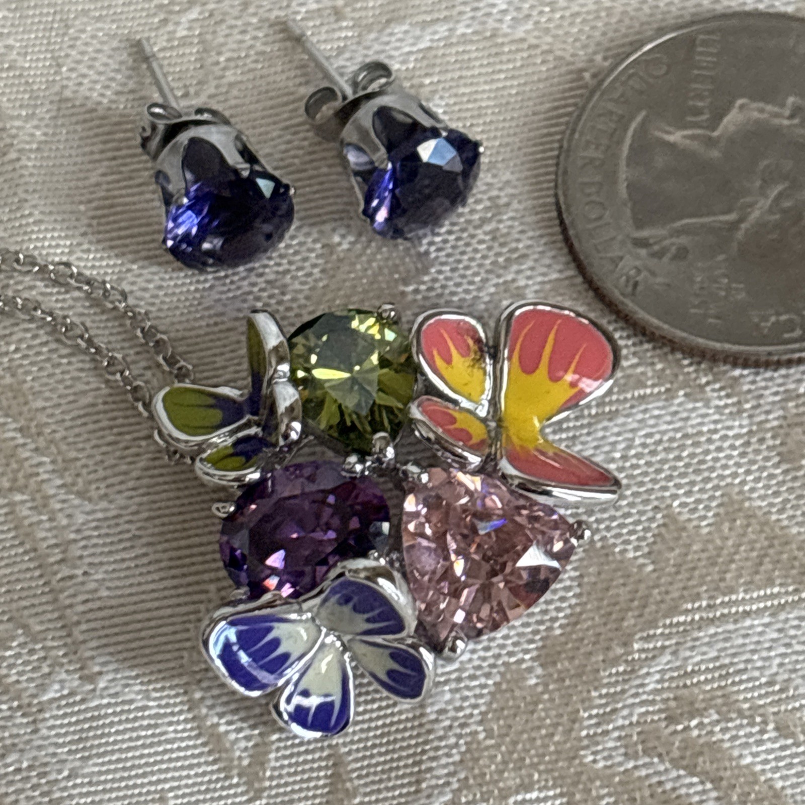 Park Lane Fairytale Pendant 16-18” Silver Tone Purple Pink Green Butterfly & Bns