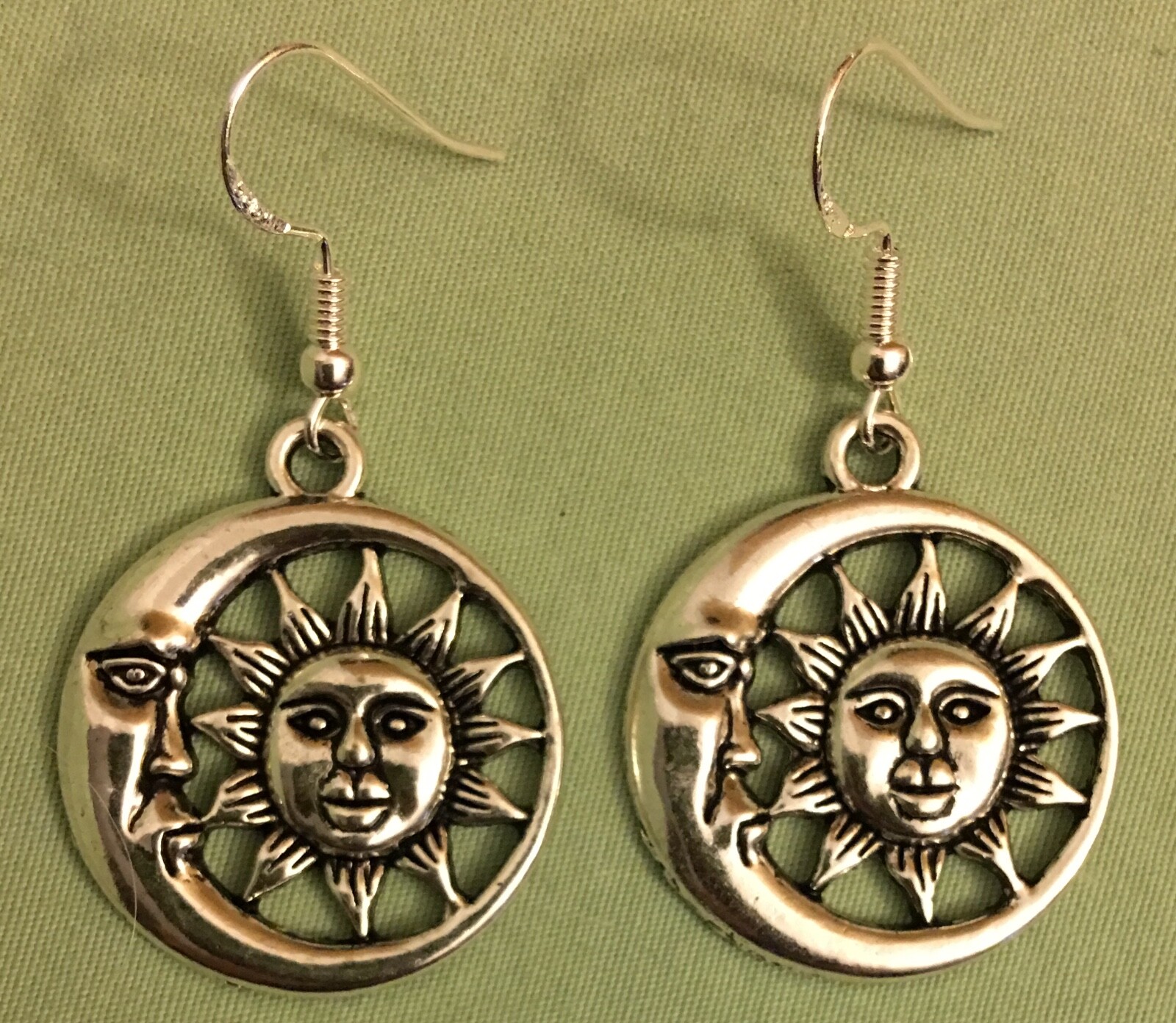 MOON and SUN FACE EARRINGS – Pewter with Sterling Silver Ear Wires (or GP)