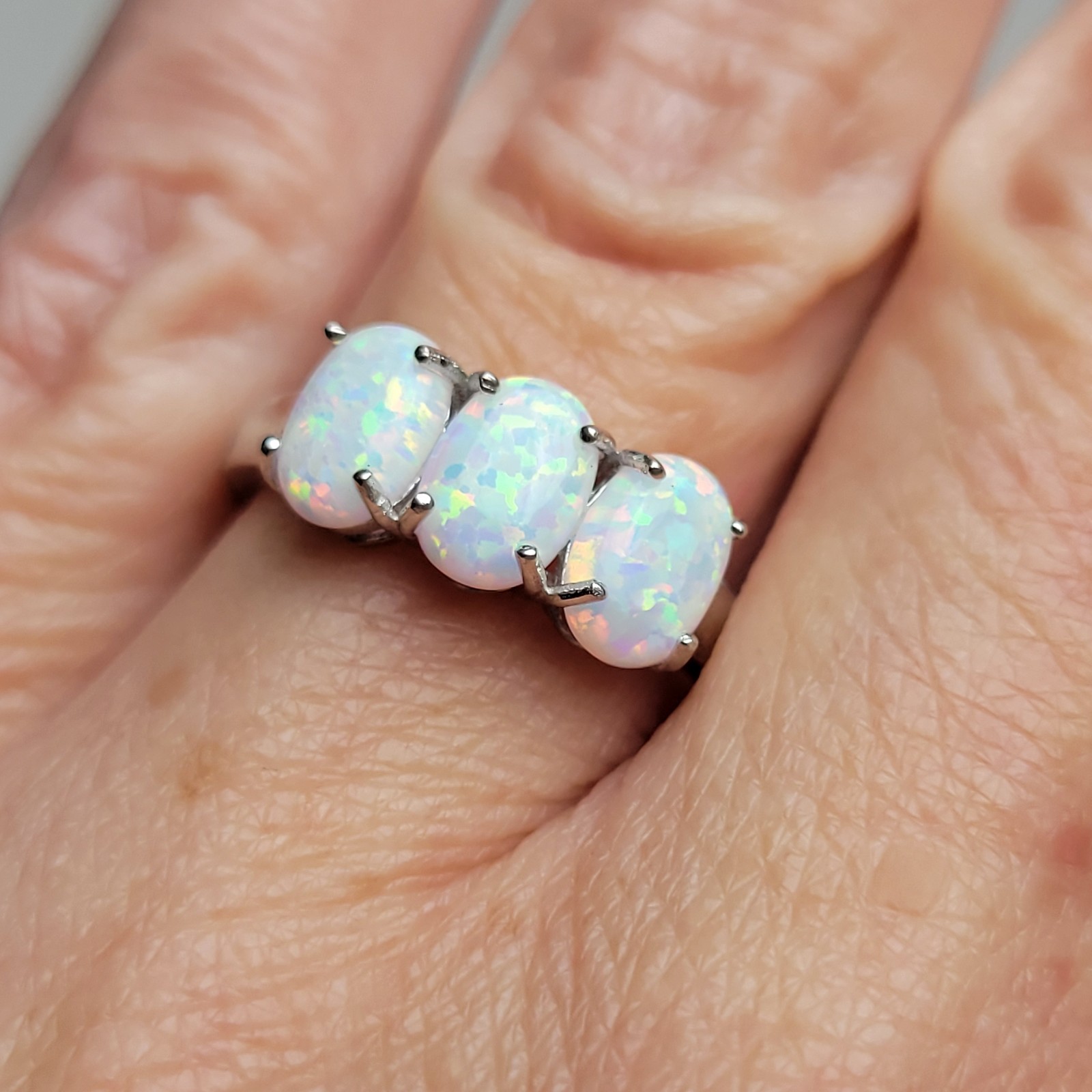 Beautiful Opal 3-Stone Ring Size 7. 925 Sterling Silver. Gorgeous Colors!