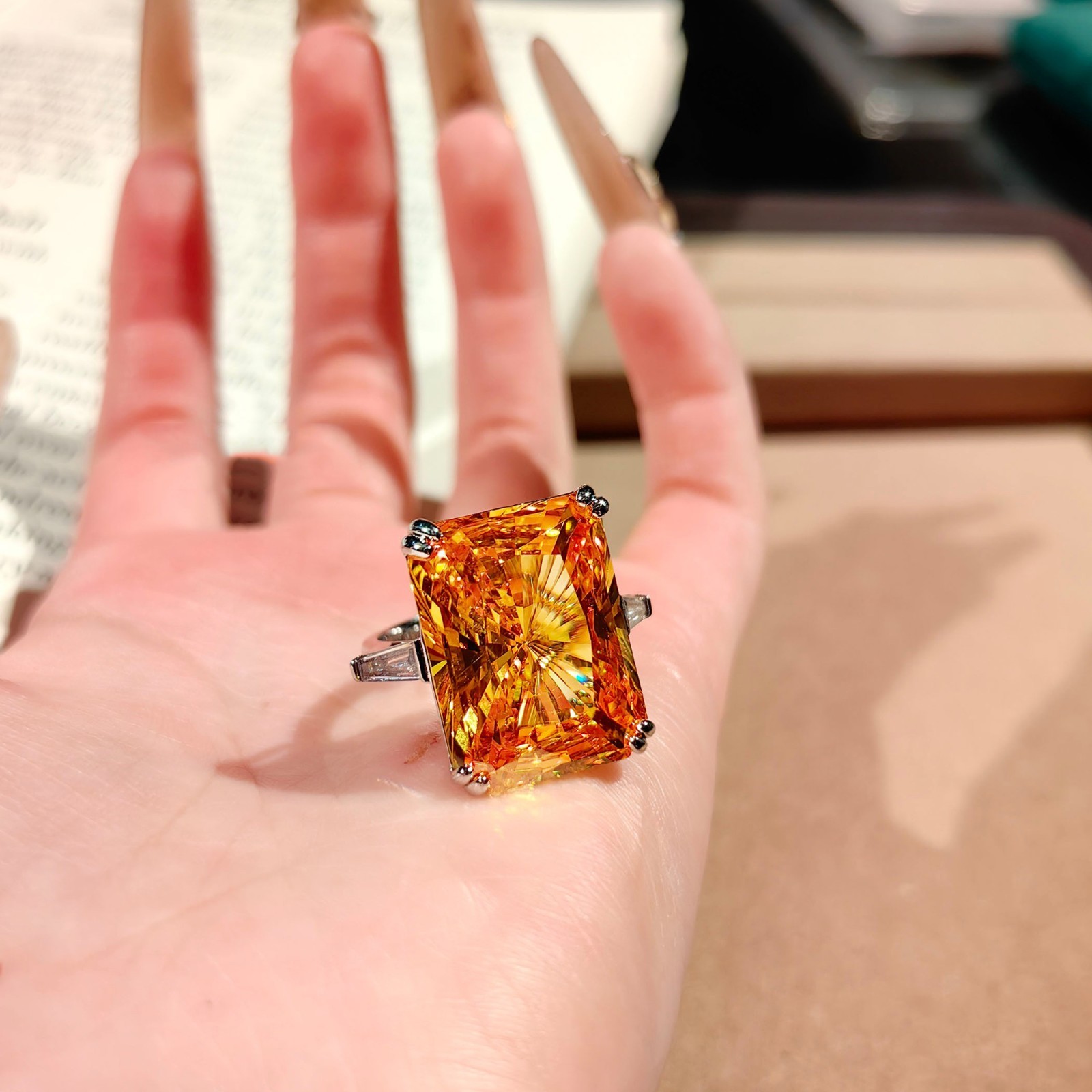 2pc Set Big Sparkle Radiant Cut Yellow Citrine Gems Women Silver Necklace Ring