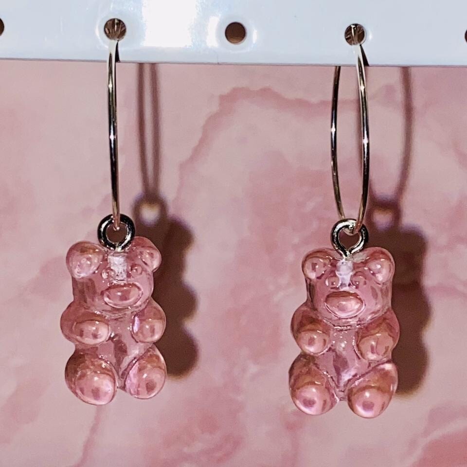 Gummy bear earrings with silver plated hoops or hooks red blue pink white black