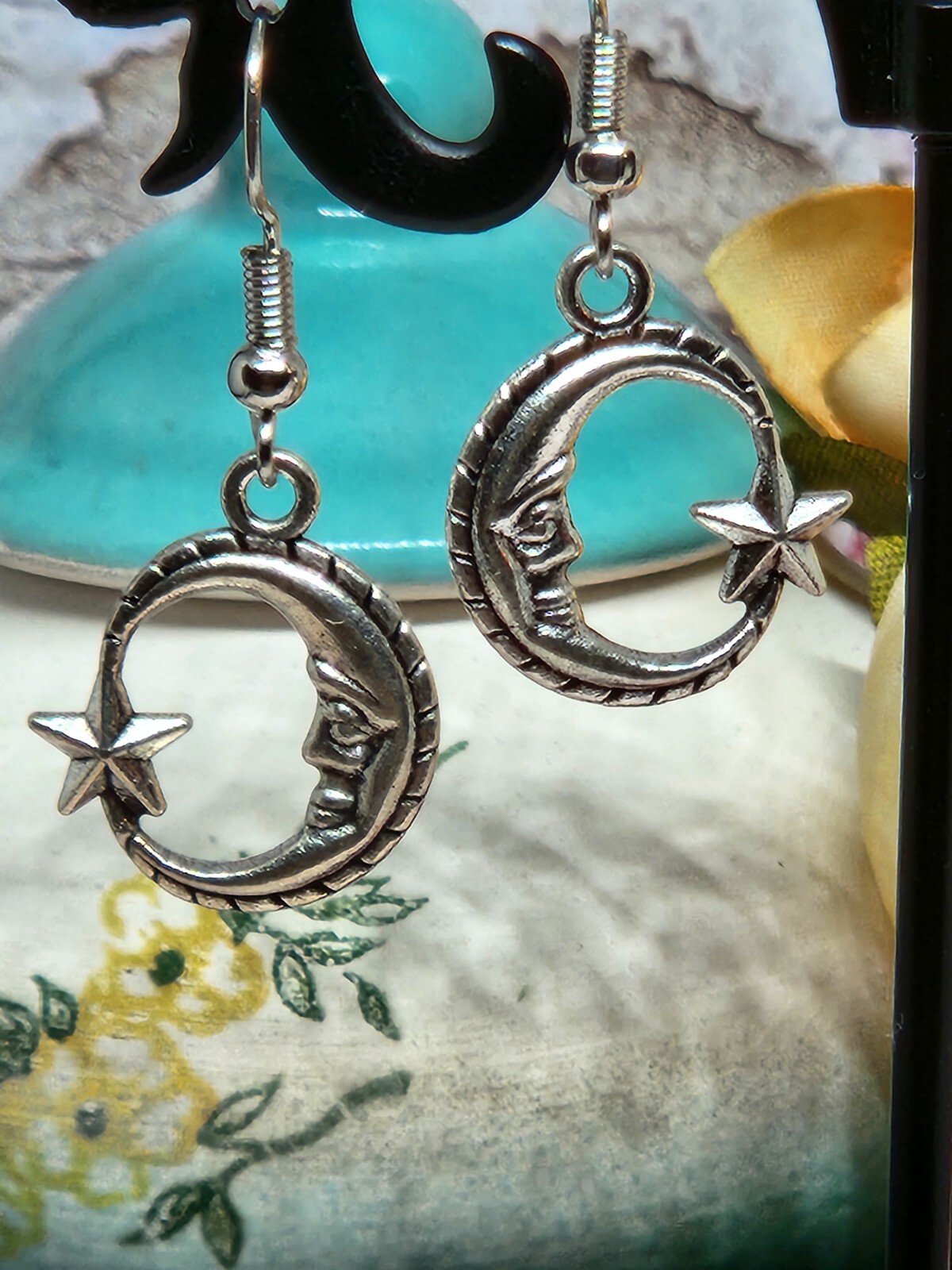 Moon Star Earrings Moon Face Crescent Silver Hook Dangle Earrings FREE SHIPPING