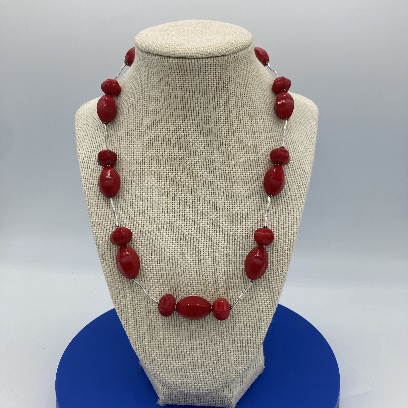 Donna Dressler Necklace Sterling Silver Cherry Red Bead Signed Mod Retro
