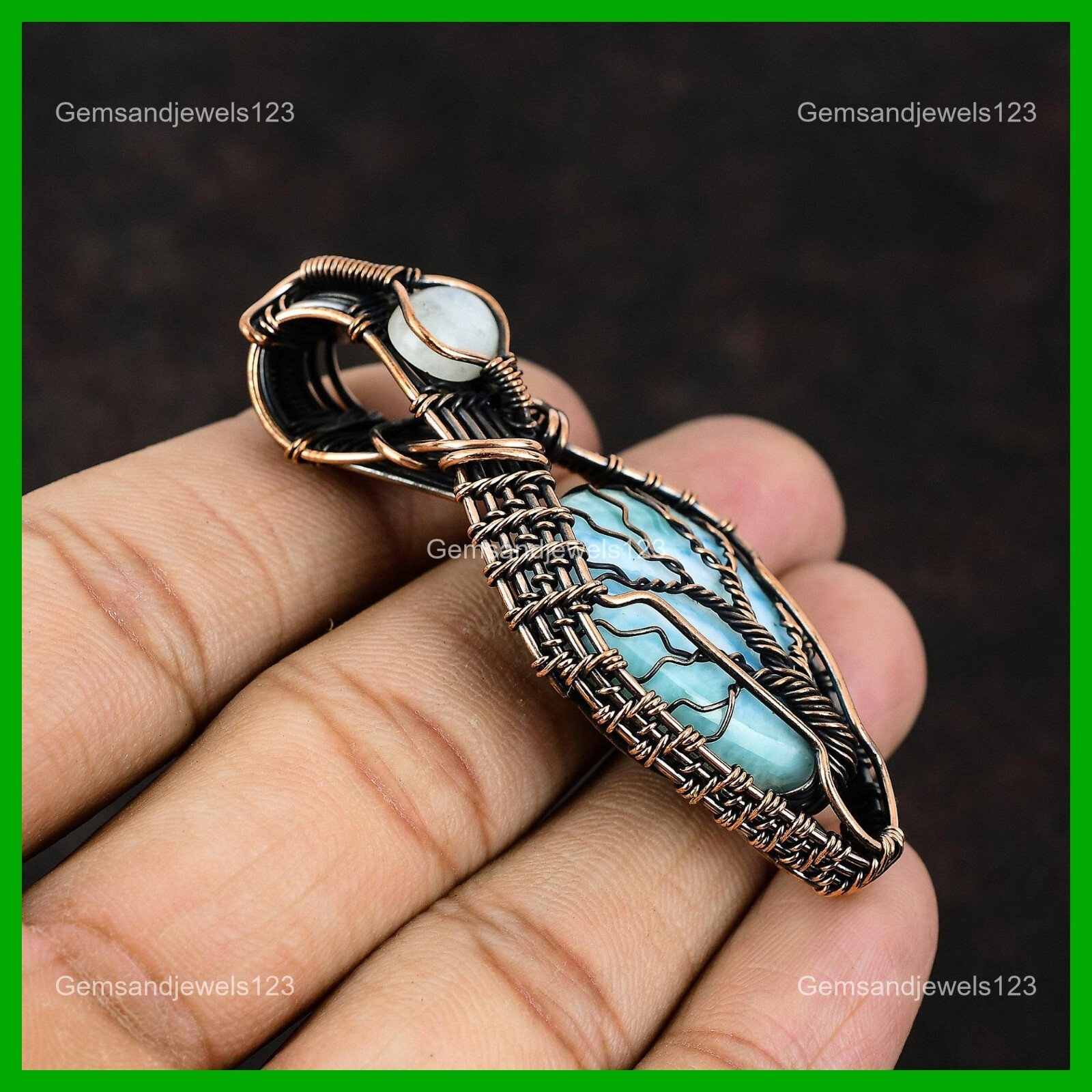 Pear Larimar Stone Rainbow Moonstone Birthday Wire Wrap Pendant Jewelry Copper