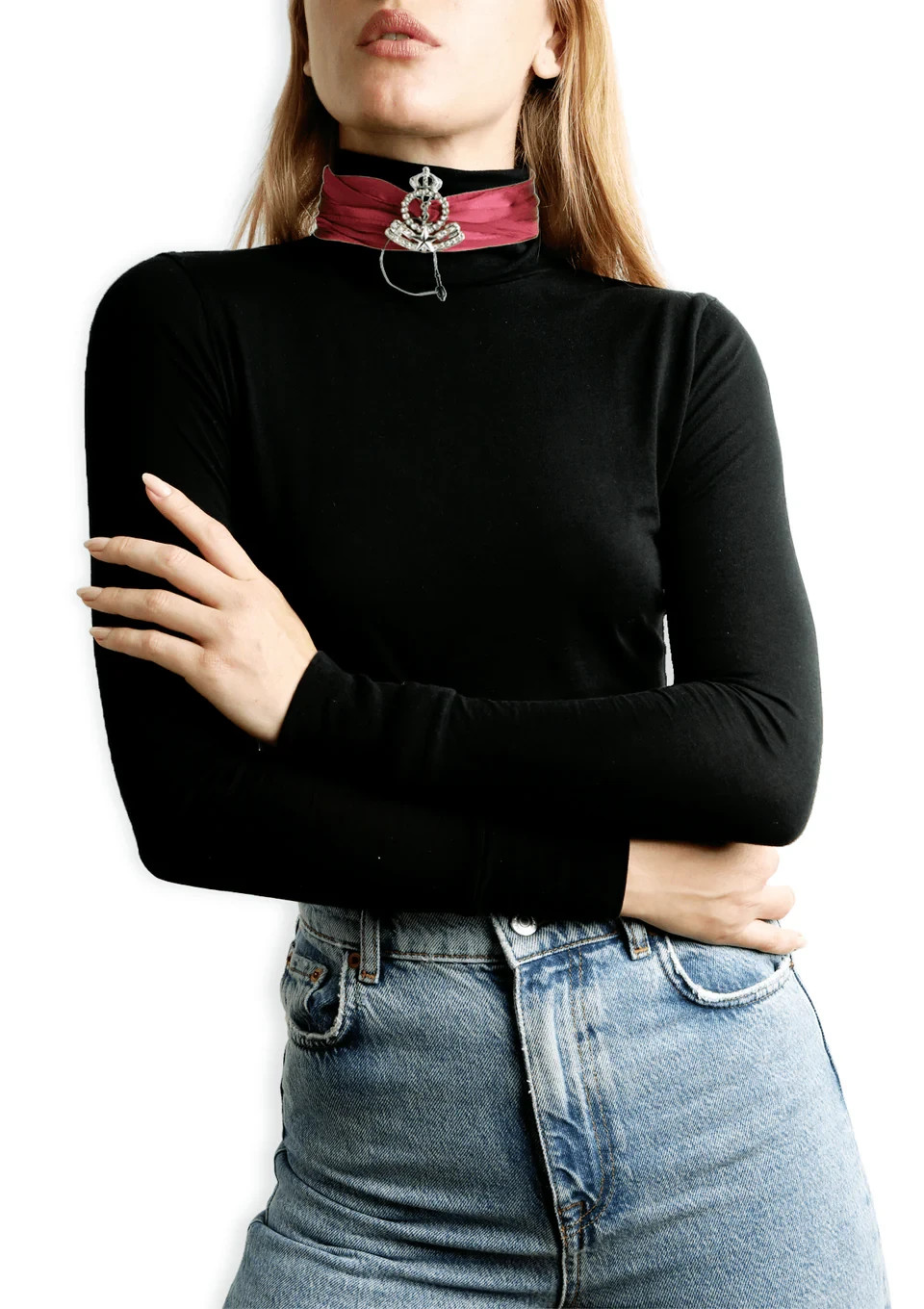 SAINT LAURENT CROWN STAR Interlocking YSL Charm on Silk WRAP CHOKER Necklace