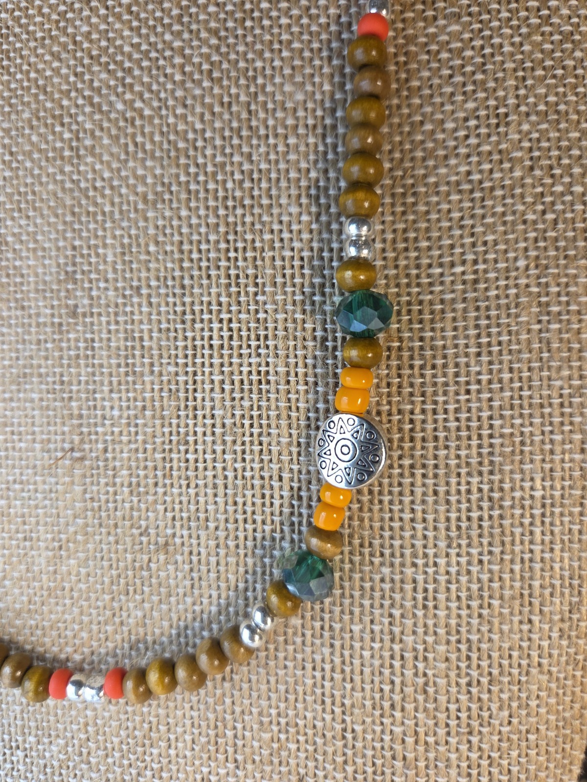 Beaded Necklace Wood Glass Beads Bohemian 18 Inches Lobster Clasp Green Red Boho