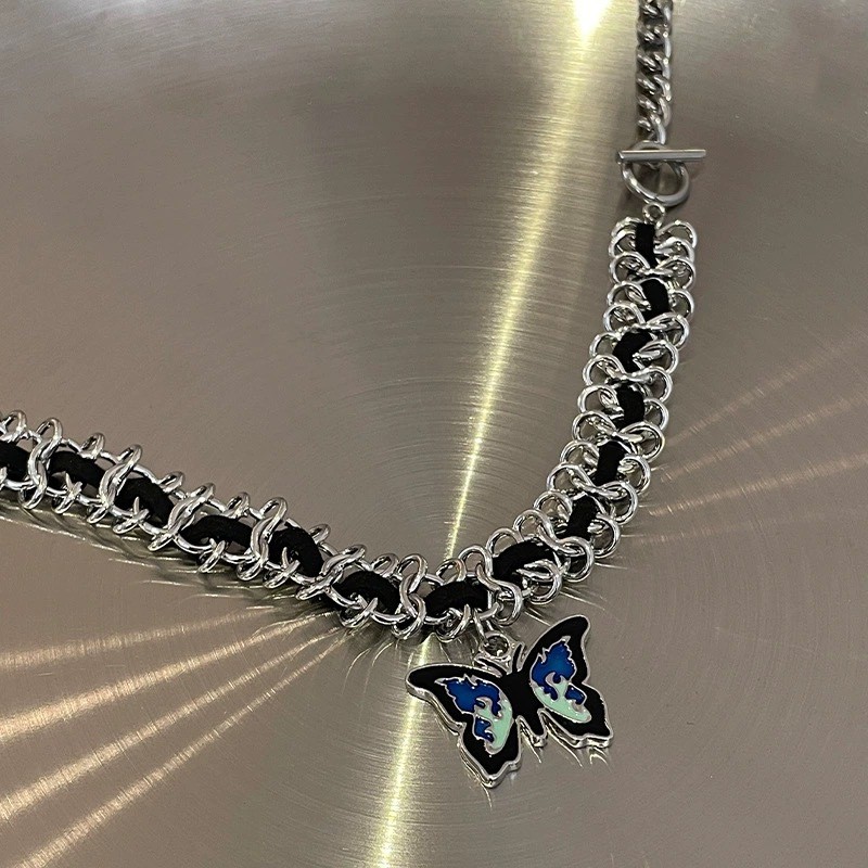 Silver Thorn Chain Butterfly Choker Necklace Blue Enamel Butterfly pJewelry