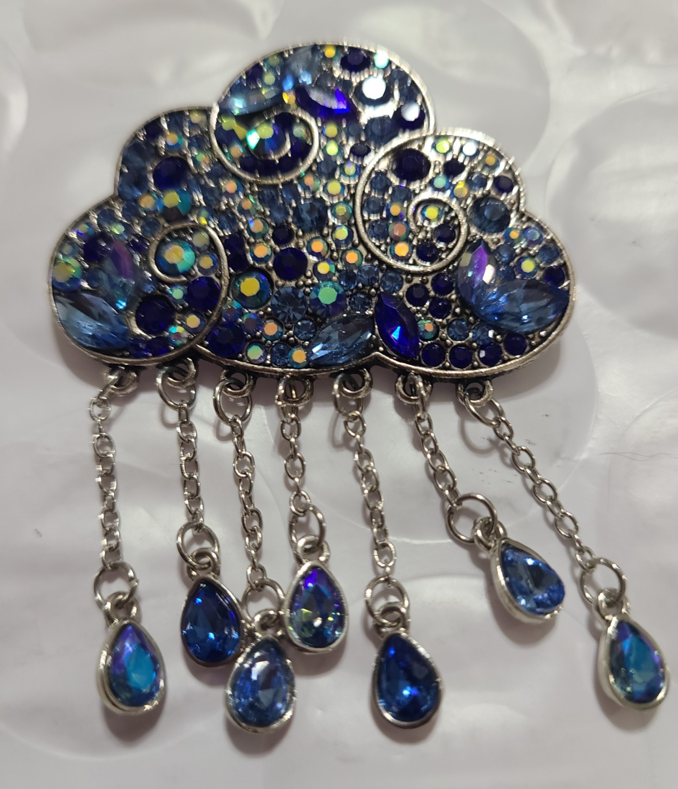 Silver Tone Cloud Brooch w/ Blue Crystal Rhinestones And Dangling Teardrops