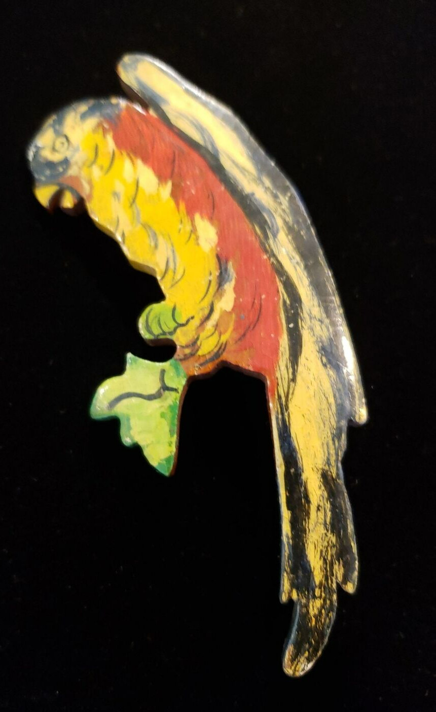 Vintage Unsigned Hand Painted Tropical Parrot Pin/Brooch on Wood Base