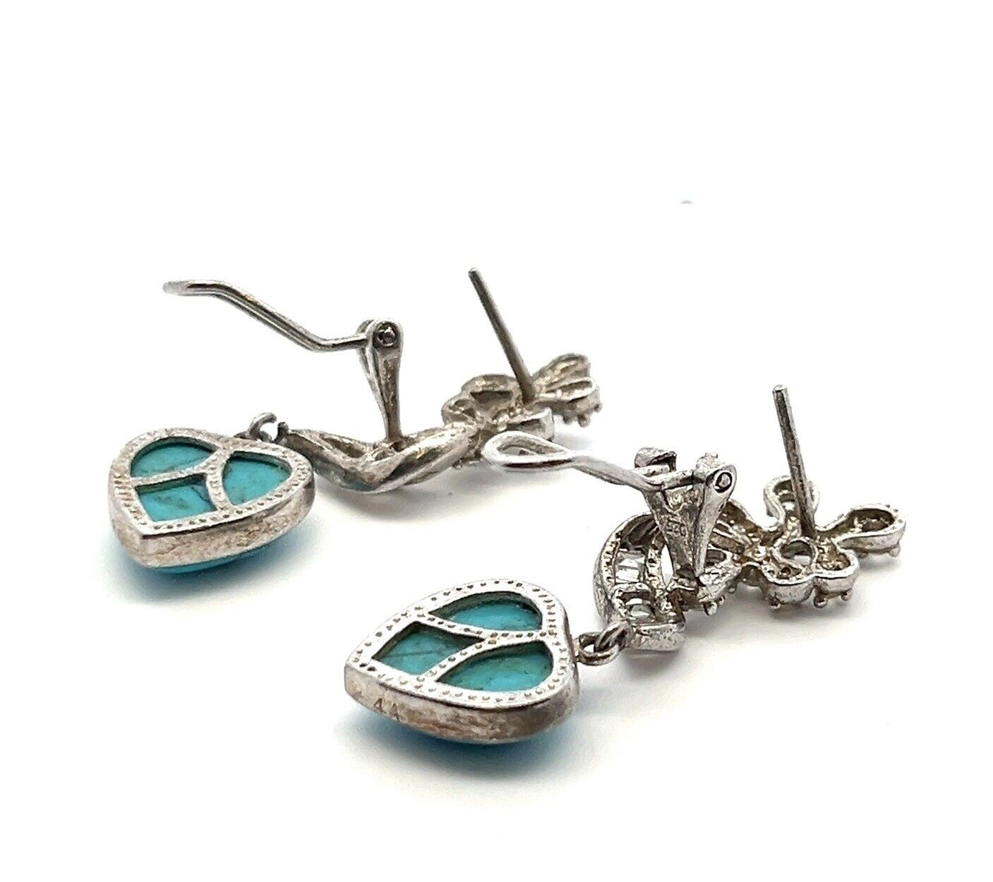 925 Sterling Silver Omega Back CZ & Turquoise Heart Dangle Earrings 9.1g