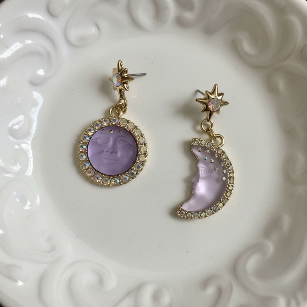 Goddess Moon Sun Star Earrings Face Mismatch Gold Deco Celestial CZ Asymmetric