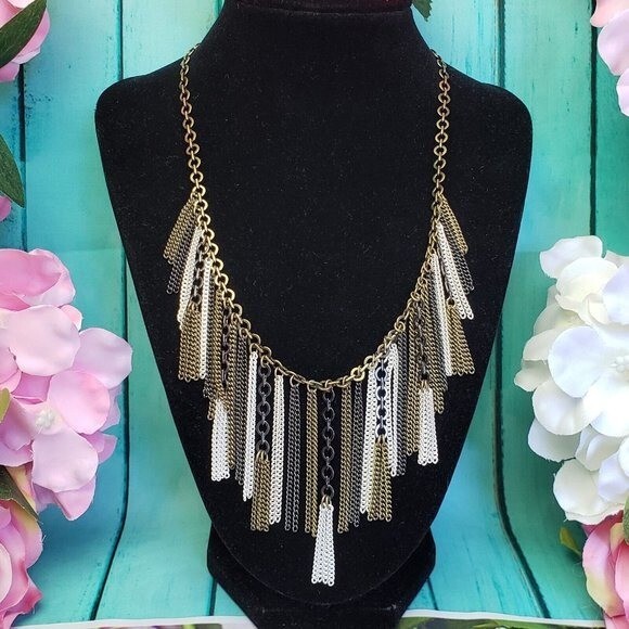 SILPADA KR Multi Tone Fringe Chain Necklace Gold Brass Gunmetal Tassel Statement