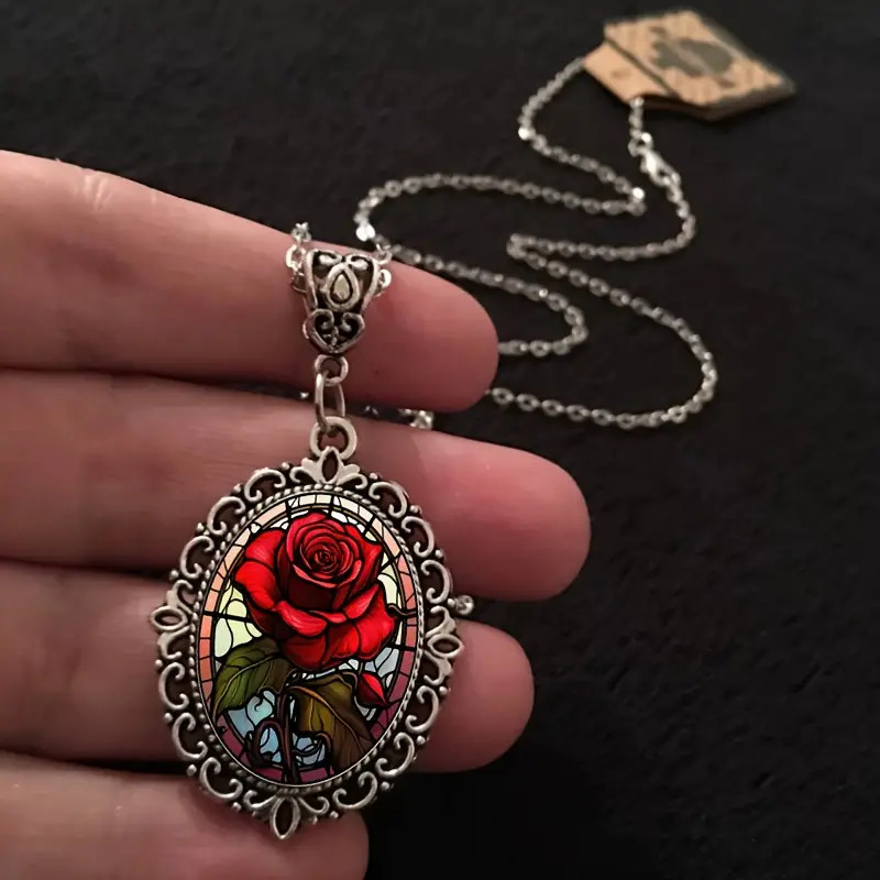 Flower Rose Gothic Silver Jewelry Love Vintage Look Oval Pendant Necklace