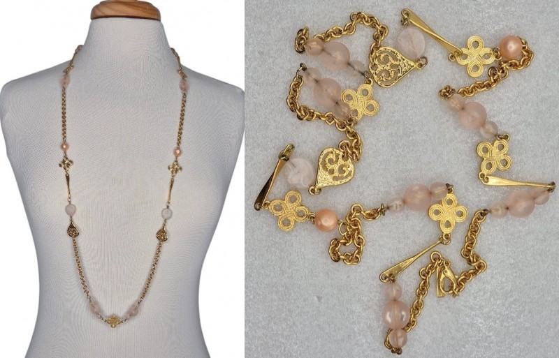 Casual Corner Gold Tone Chain Peach Blush Beaded Necklace Signed 40″
