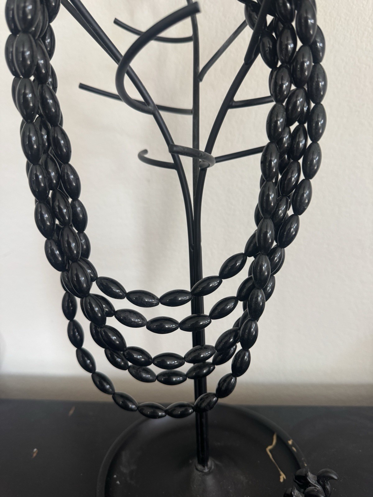 Black Oval Beaded Layered Multi-Strand Necklace Silver-Tone Clasp