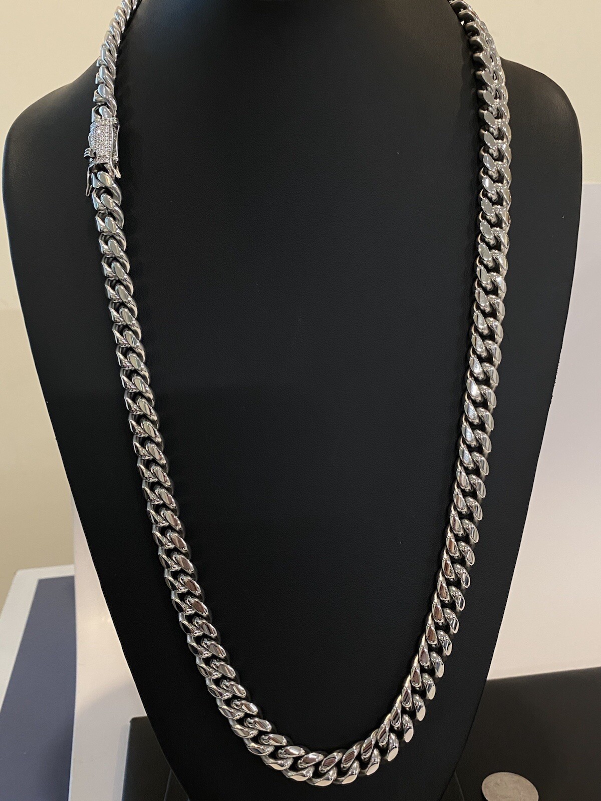 Miami Cuban Chain 14k White Gold Plated SS Mens HipHop Iced CZ Clasp Necklace