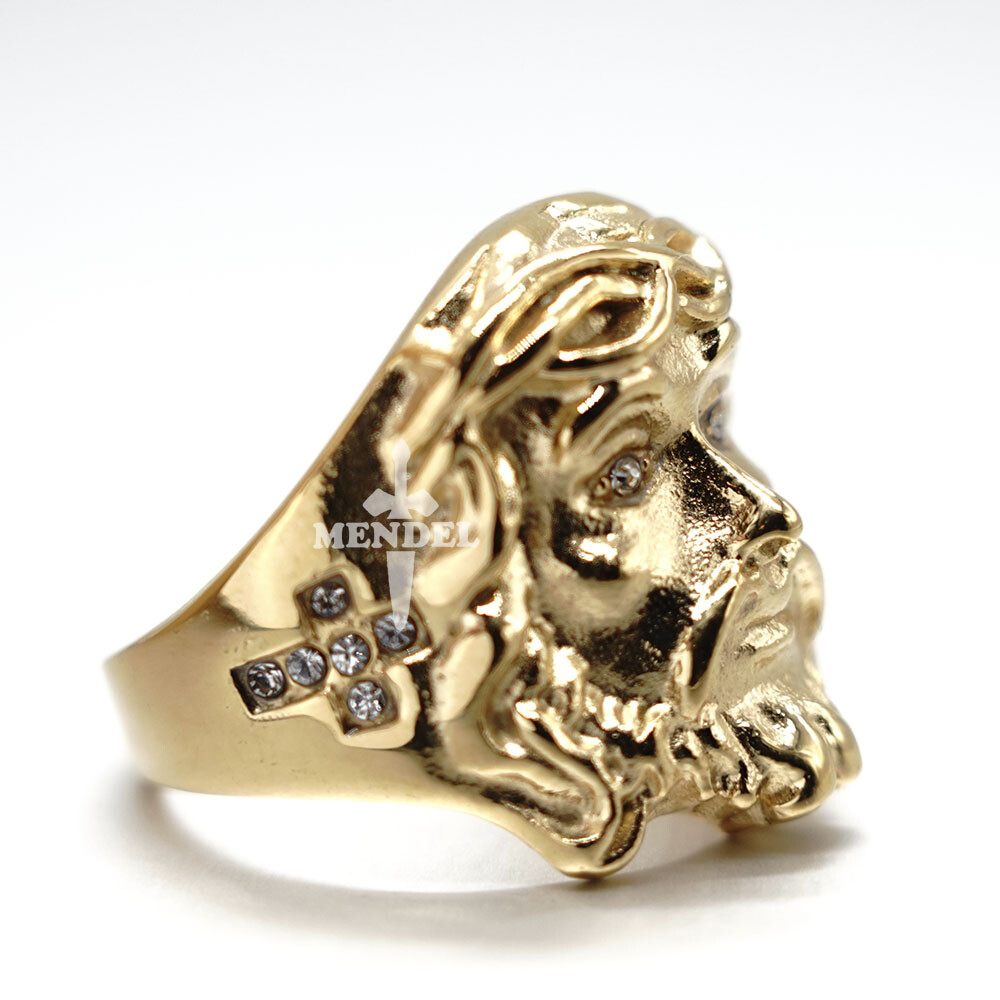 MENDEL Mens Gold Plated Cross Jesus Christ Face Ring Stainless Steel Size 7-15