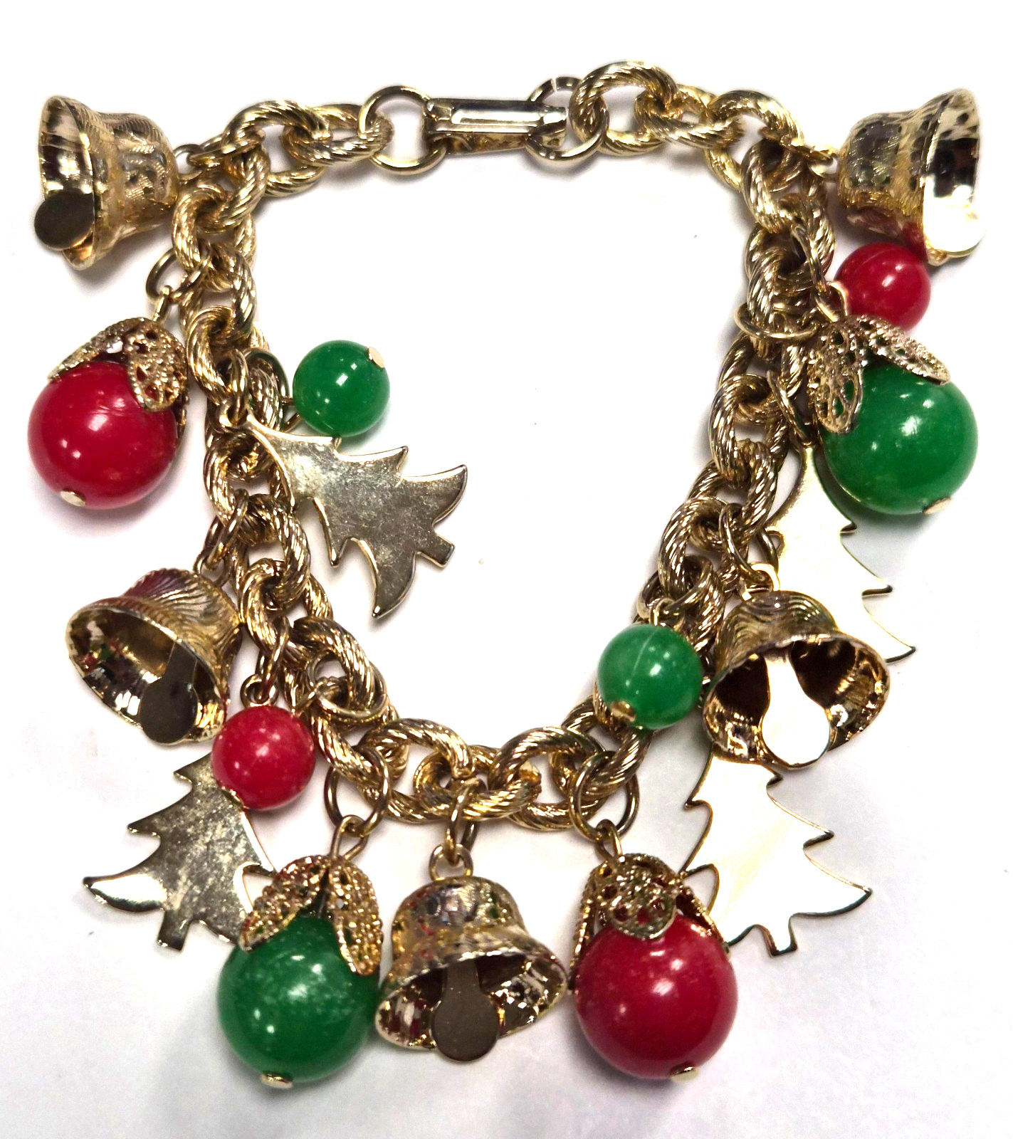 Vintage 70’s Christmas Holiday Bells Charm Dangle Red & Green Link 6.5″ Bracelet