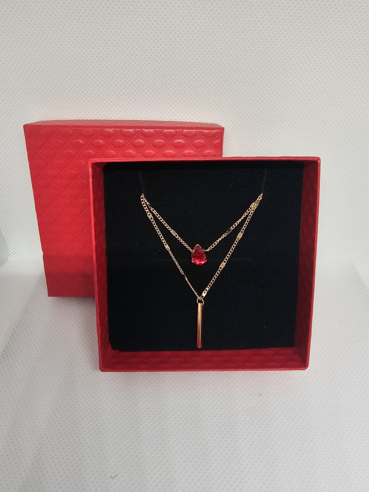 Everyday wear casual ladies Y-drop necklace jewellery red stone gold gift box