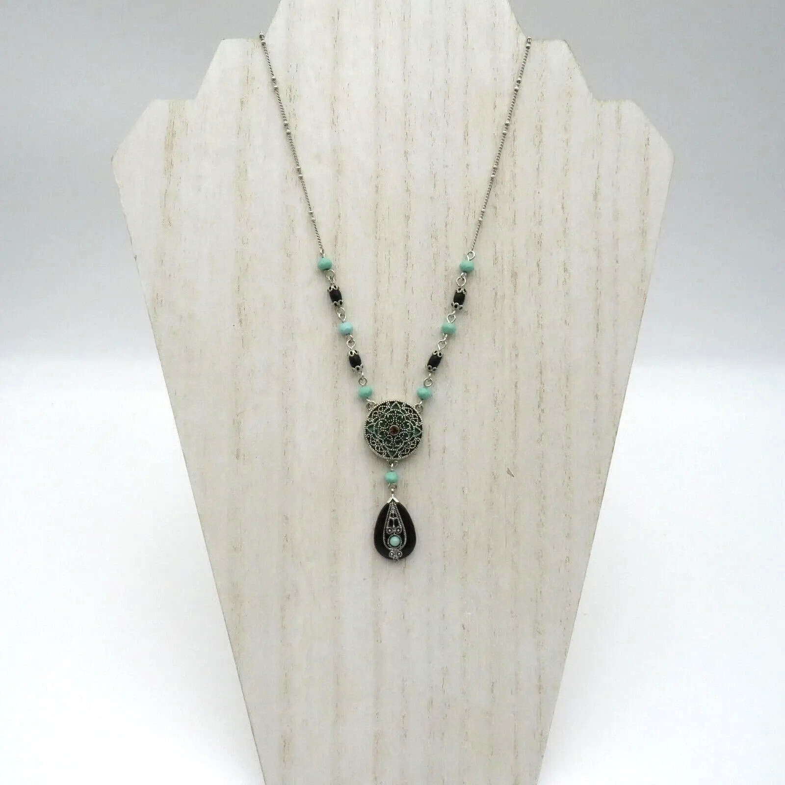 Nina Ricci Signed Pendant Necklace Silver Tone Turquoise Bead Teardrop Filigree