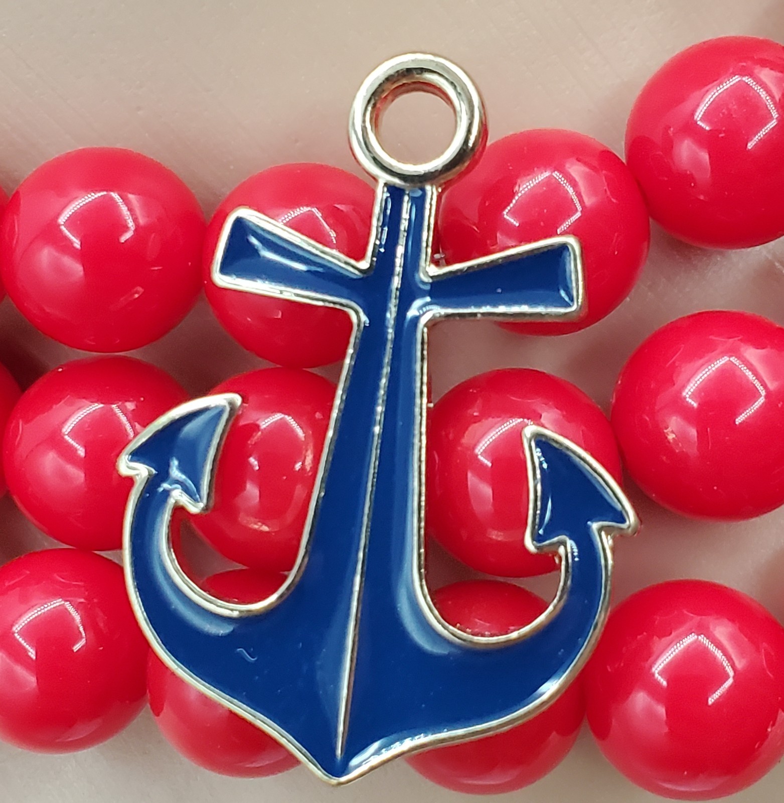 CC Nautical Set Necklace 19in Red Bead Triple Strand Blue Anchor 2 Sailboat Pins